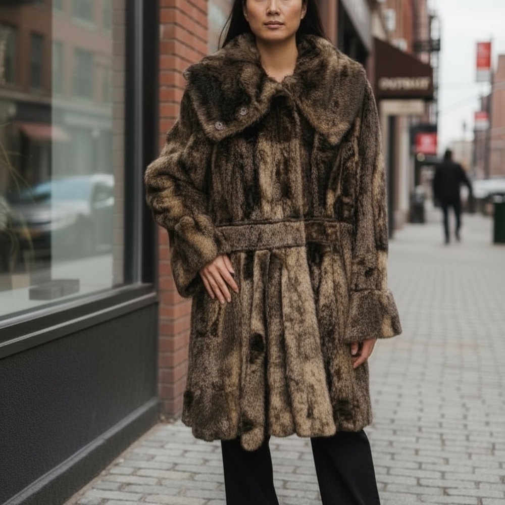 🆕 Laundry By Shelli Segal Brown & Beige long stylish fur jacket size M - Picture 8 of 13